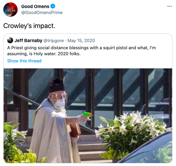 sheennxnt's tweet photo. Never forget this moment from the Good Omens Prime account when he was talking about Crowley and Aziraphale https://t.co/N79DZCmIXs