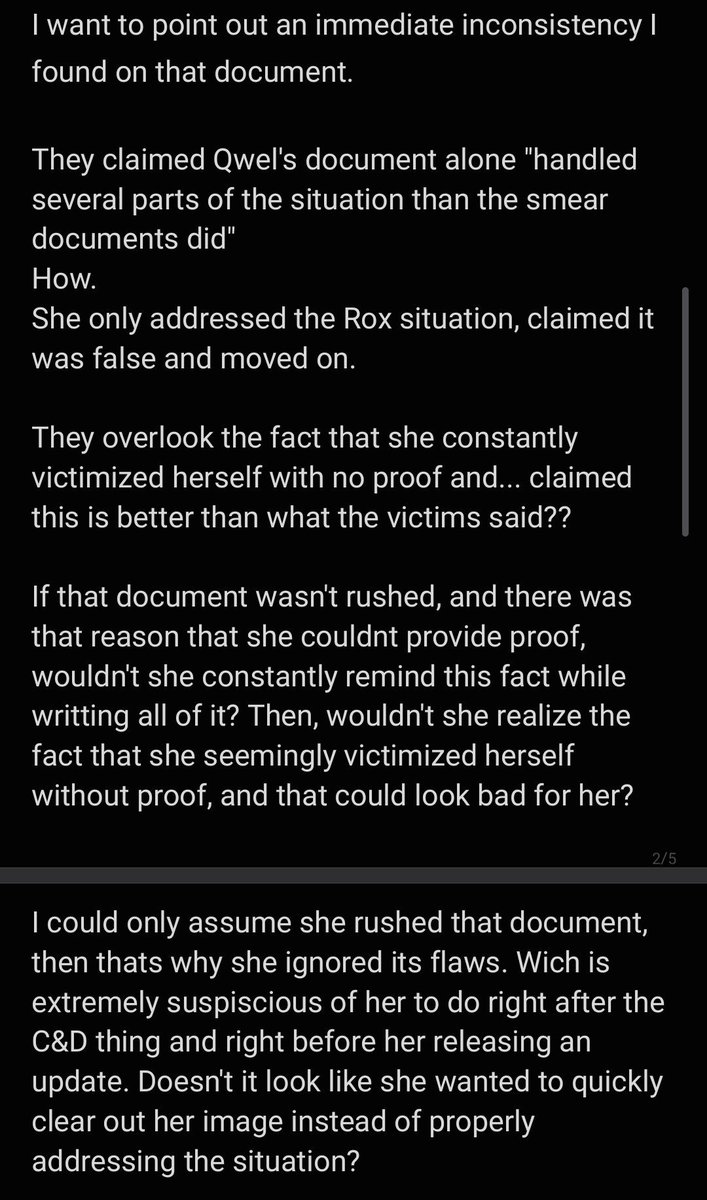 Dispositivijrd's tweet photo. @BoyImPlagued I want to repost this here because I want more people to see it. 

They claimed Qwel's document alone "handled several parts of the situation than the smear documents did" 
How.
Its like theyre glazing everything about her. 😐 https://t.co/zf61vbiOeN