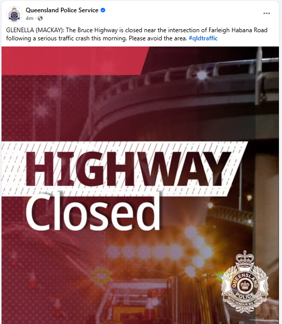 QldAmbulance's tweet photo. #Glenella - GLENELLA (MACKAY): The Bruce Highway is closed near the intersection of Farleigh Habana Road following a serious traffic crash this morning. Please avoid the area. #qldtraffic https://t.co/xwhwsILQOk