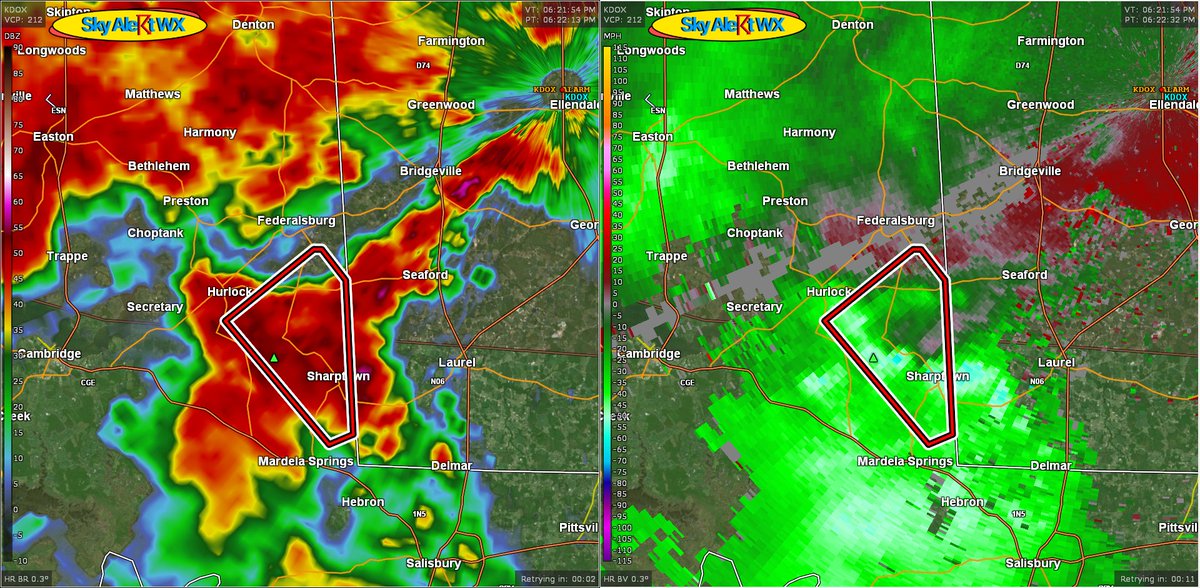 SkyAlertWX's tweet photo. At 624 PM EDT, a severe thunderstorm capable of producing a #tornado
  was located over Sharptown, or 7 miles southeast of Hurlock, moving
  northeast at 50 mph.#mdwx

  SOURCE...Radar indicated rotation. https://t.co/gQO8fSjpTV