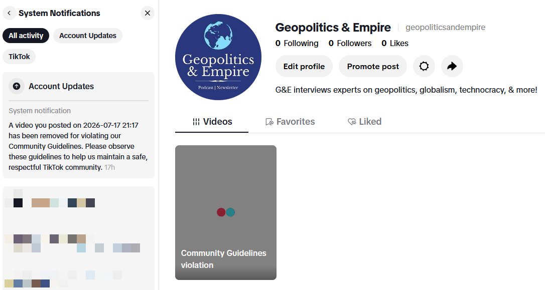 Geopolitics_Emp's tweet photo. Well, I tried to open a @tiktok_us for the Geopolitics &amp; Empire Podcast for the first time, and uploaded a mundane interview clip discussing data centers, and it was removed. I guess that's that! 🛂 https://t.co/hWVYRGTuF5