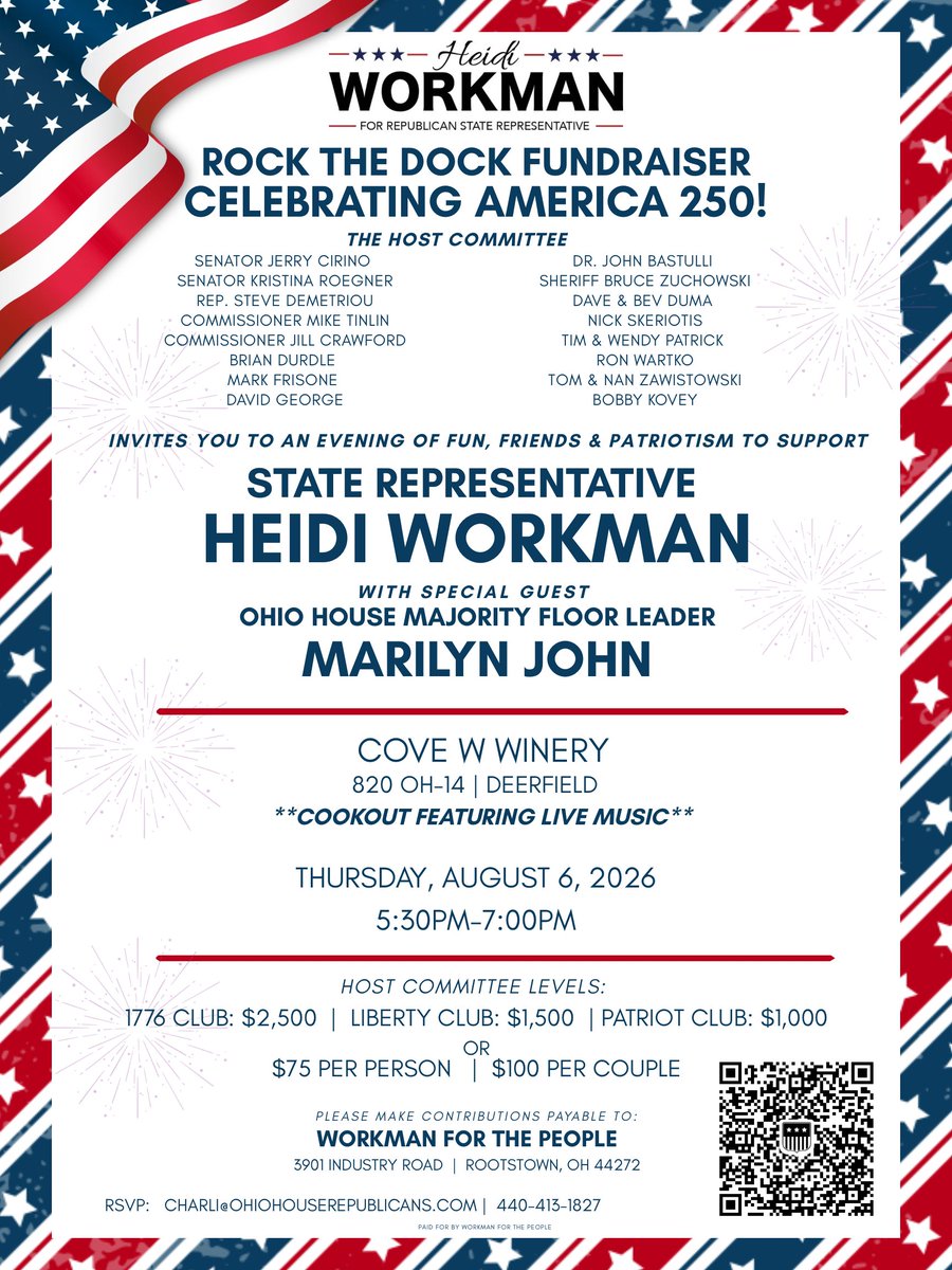 PortageGOP's tweet photo. Join us for Rock the Dock in support of State Rep. Heidi Workman! 🎶🍔🇺🇸

📅 Aug. 6 | 5:30–7 PM
📍 Cove W Winery, Deerfield
⭐ Special guest: Majority Floor Leader Marilyn John
🎟️ $75/person | $100/couple
Celebrate America’s 250th with us! 🎆❤️🤍💙 https://t.co/vwXirHXWiu