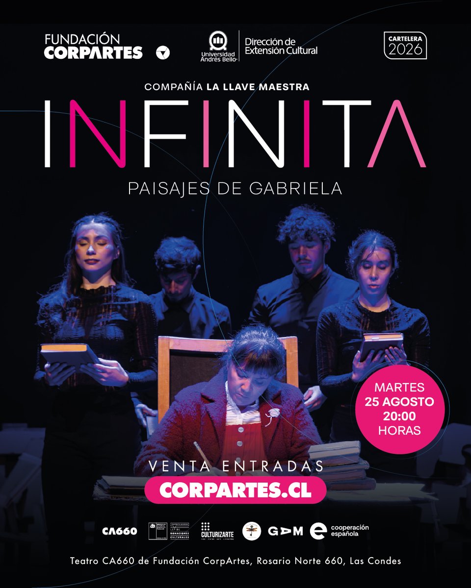 CorpArtes's tweet photo. ¡GRAN ESTRENO NACIONAL!📣

Luego de 6 meses de intenso trabajo, la compañía #LaLlaveMaestra presenta su nueva producción: "INFINITA: Paisajes de Gabriela", un poema visual escénico en homenaje a la inconmesurable #GabrielaMistral.

🎟️Entradas y descuentos: https://t.co/B8vwAZviCp https://t.co/X7CBnMTUgK