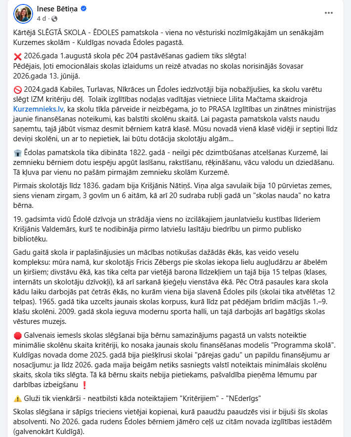 cilveks444's tweet photo. Inese Bētiņa (Facebook) Kārtējā SLĒGTĀ SKOLA - ĒDOLES pamatskola - viena no vēsturiski nozīmīgākajām un senākajām Kurzemes skolām - Kuldīgas novada Ēdoles pagastā. 2026.gada 1.augustā skola pēc 204 pastāvēšanas gadiem tiks slēgta! https://t.co/aZFA3ONdsb