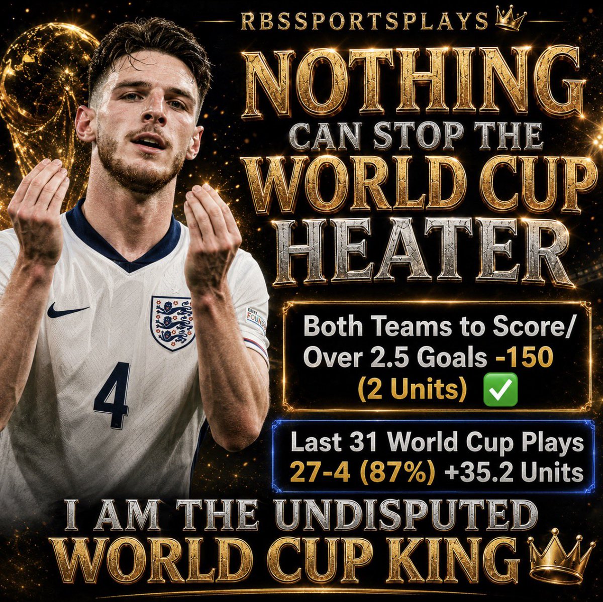 RBsSportsPlays's tweet photo. BOOOOOOOOMMMMMMMM

YOU ARE WITNESSING HISTORY!!!!

Both Teams to Score/Over 2.5 Goals -150 (2 Units)✅✅

Last 31 World Cup Plays 27-4 (87%) +35.2 Units

I AM THE UNDISPUTED WORLD CUP KING 👑 

WHERE ARE MY DANCERS BABYYYY 🕺🏻 https://t.co/f4VtnL5cSJ