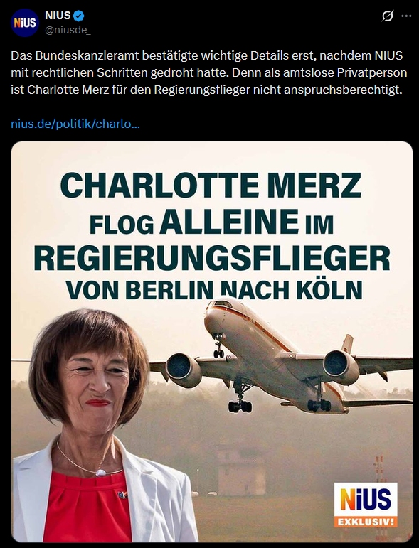 Schlafsheep's tweet photo. Ich habe Friedrich Merz nicht gewählt und werde ihn vermutlich auch nie wählen. Aber manchmal sollte man den politischen Gegner kritisieren, wenn es etwas zu kritisieren gibt und nicht krampfhaft einen Skandal konstruieren.

Wenn der Regierungsflieger ohnehin nach Köln zurückmusste, ist die eigentliche Frage nicht, ob Charlotte Merz mitgeflogen ist, sondern ob ihre Mitnahme den geltenden Regeln entsprach. Das kann man sachlich prüfen.

So zu tun, als wäre extra für die Ehefrau des Kanzlers ein Regierungsjet gestartet, ist dagegen irreführend.

Und noch etwas: Dieselben Medien, die ständig von Patriotismus sprechen, empören sich darüber, dass die Ehefrau des Bundeskanzlers im Regierungsflieger mitfliegt. In den meisten Staaten der Welt gehört es völlig selbstverständlich zur Regierungslogistik, dass Ehepartner von Staats- oder Regierungschefs bei entsprechenden Anlässen mitbefördert werden. Darüber kann man unterschiedliche Meinungen haben – aber daraus einen vermeintlichen Riesenskandal zu machen, wirkt schon ziemlich konstruiert.

Kritik an einer Regierung ist wichtig. Aber wenn man wegen eines Sitzplatzes in einem Flugzeug, das ohnehin zurückfliegt, die Empörungsmaschine anwirft, dann geht es offenbar mehr um Schlagzeilen als um ernsthafte Aufklärung.