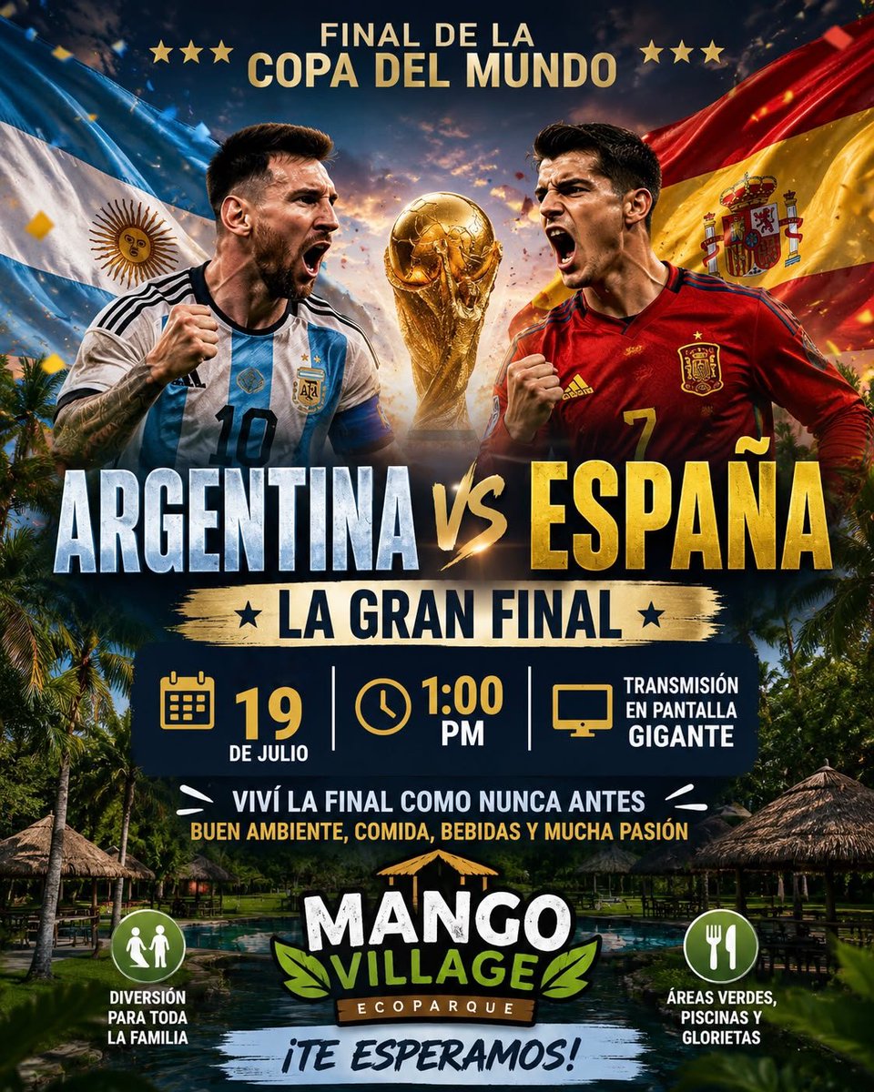MangoVillageLP's tweet photo. ¡La gran final se vive mejor en medio de la naturaleza! 

Te esperamos mañana para disfrutar juntos de la Final del Mundial de Fútbol en un ambiente único, rodeado de naturaleza, tranquilidad y la mejor compañía.

 #hacemosecoturismo #MangoVillage https://t.co/grYh8ug3ko