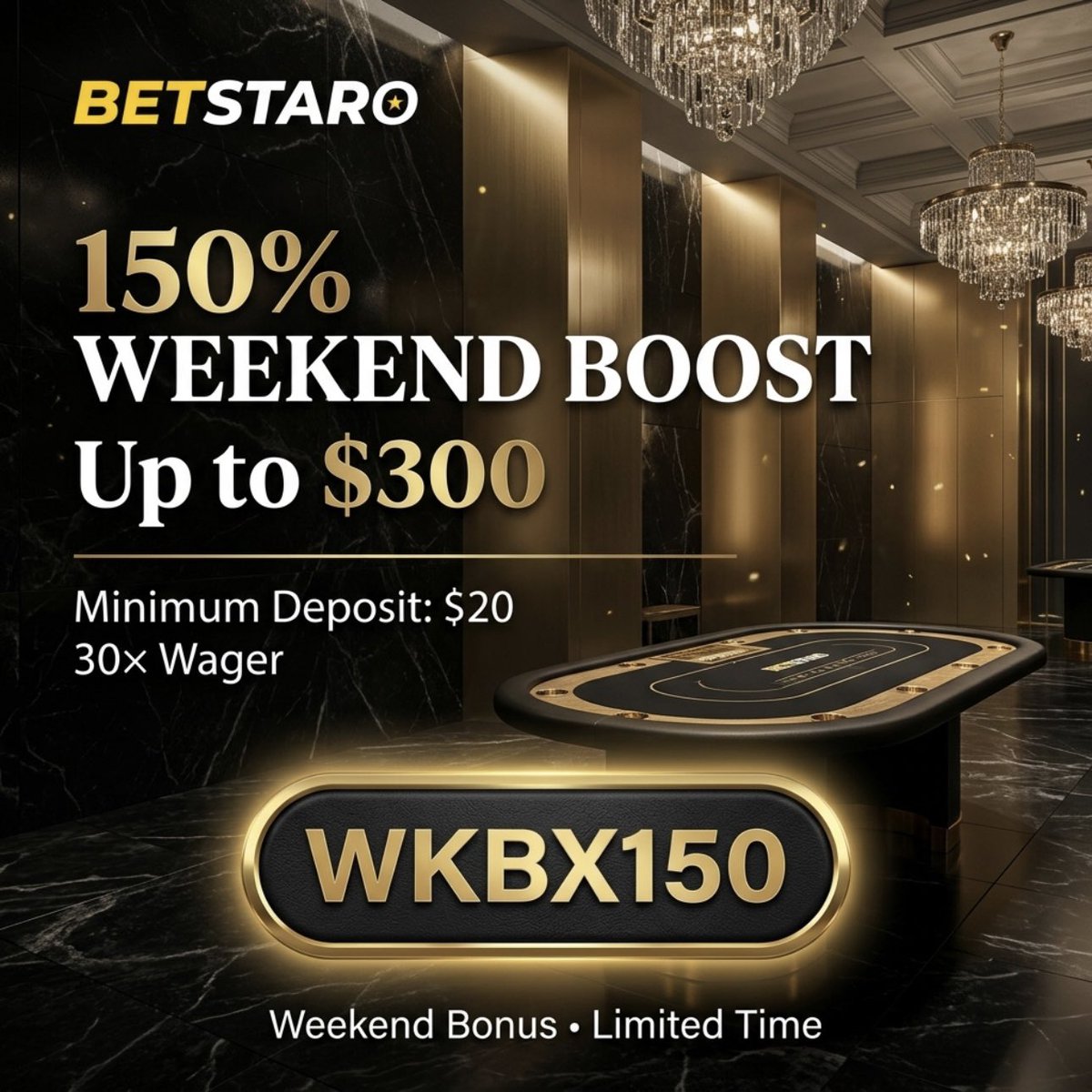 betstaro's tweet photo. 💎 Weekend Boost is live!

🎁 150% Bonus up to $300
💵 Min $20 Deposit
🎯 30× Wager
🏷️ Code: WKBX150

18+ | T&amp;Cs Apply

#BetStaro #CasinoBonus https://t.co/DcshQEZJ8R