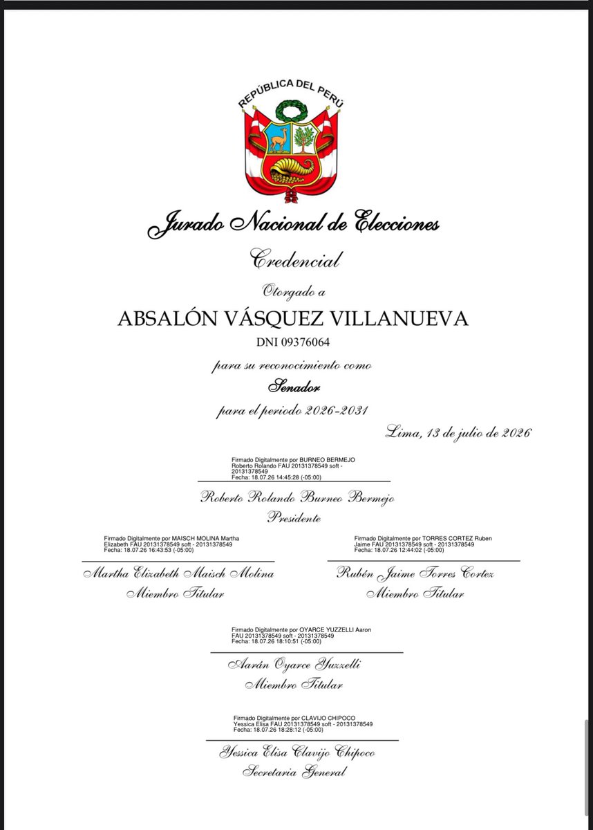una_reportera's tweet photo. En reemplazo de @rlopezaliaga1 ingresa como senador Absalon Vásquez, y el @JNE_Peru le da las credenciales https://t.co/luYBOYwN97