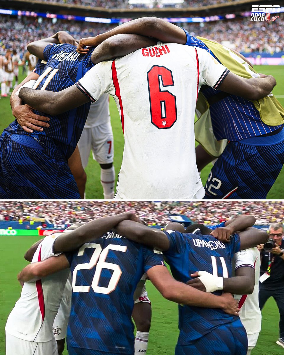 ESPN_FDJ's tweet photo. Upamecano, Saka, Guehi, Mateta, abrazados y unidos en oración tras el partido por el tercer puesto de la Copa Mundial de la FIFA 2026 entre Francia e Inglaterra. 

De eso se trata. ⚽ ❤️ https://t.co/DgwTEbdxaM
