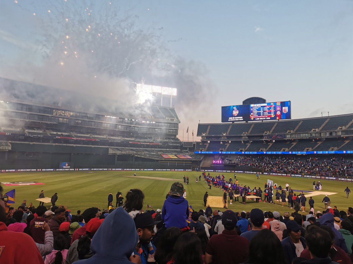 PeterDellaPenna's tweet photo. Fireworks going off as @LA_KnightRiders win the 2026 MLC Final on the final ba by one run. See saw contest in the final 5 overs all the way to the last ball. Shadley Van Schalkwyk holds his nerve at the end. All but a few of the 10K+ fans were on their feet for the final over. https://t.co/TqGgxWISTd