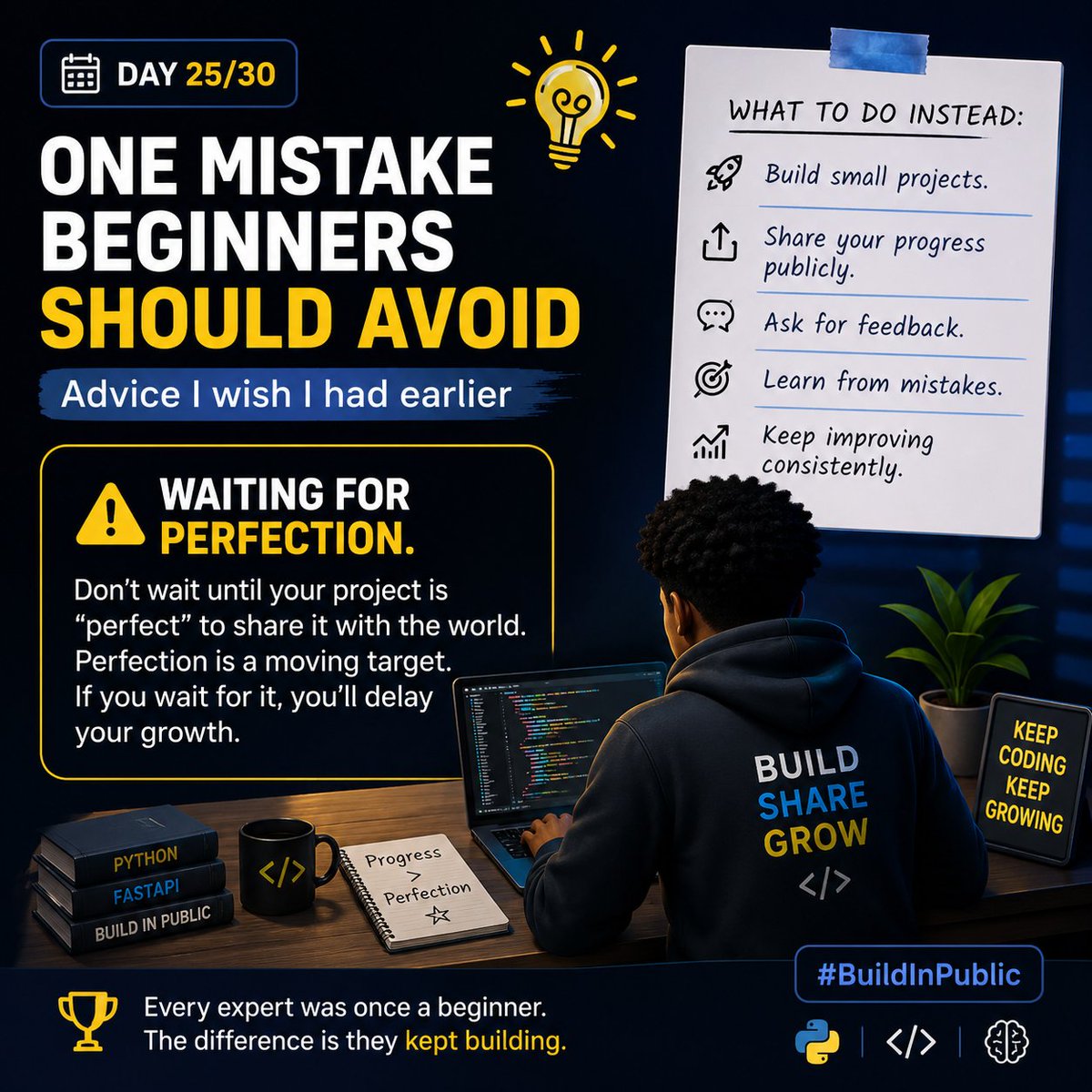 deynuamos's tweet photo. Day 25/30

One mistake beginners should avoid: waiting for perfection.
Don't wait until your project is "ready." Build, share, get feedback, and improve as you go. Progress beats perfection every time.
#BuildInPublic #AI #Python #100DaysOfCode https://t.co/LUMfUUMLFf