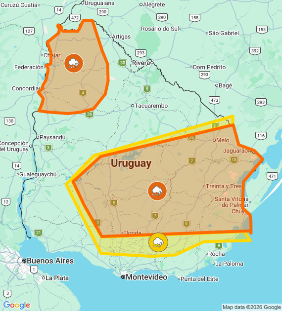 Inumet_'s tweet photo. -Advertencia naranja por Tormentas fuertes y puntualmente severas
     Actualiza: 02:30
-Advertencia amarilla por Tormentas puntualmente fuertes
     Actualiza: 02:30

Más info: https://t.co/zY2u8OFmLu https://t.co/mSi4lldTB3