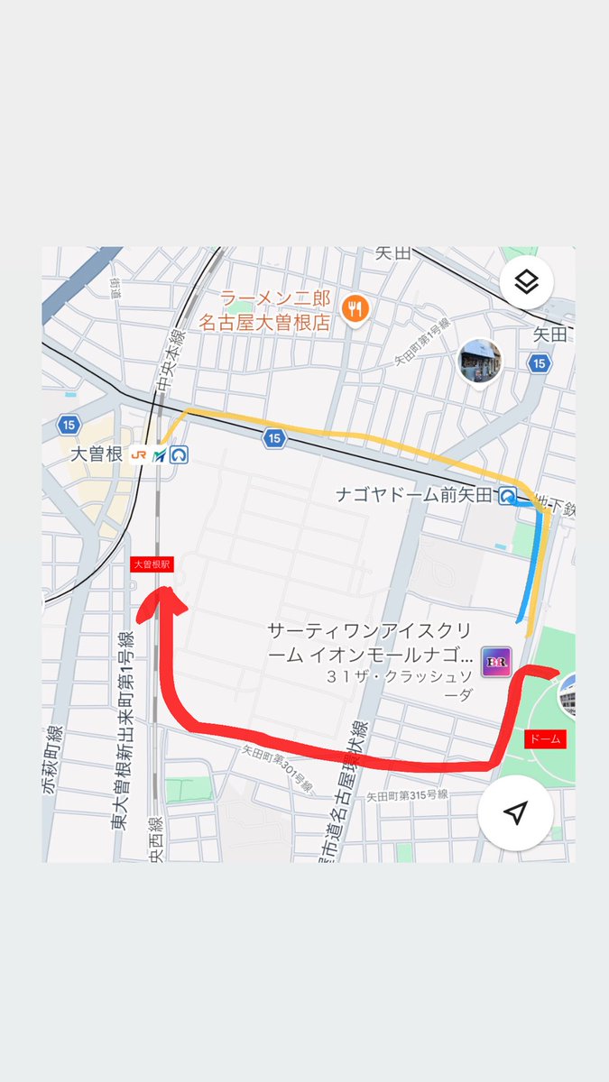 di7osaur's tweet photo. あと帰りは絶対赤🟥ルート推奨❗️
ドーム出て、イオンに向かう通路に行かずに階段で下に降りる！

大曽根駅は入口が2個あるから南側の入り口が空いてておすすめだよ、、、、

終演後のナゴヤドーム前矢田は地獄になる(駅に入場制限)から絶対大曽根まで歩いた方が楽だよ😭 https://t.co/43KciLkhW2