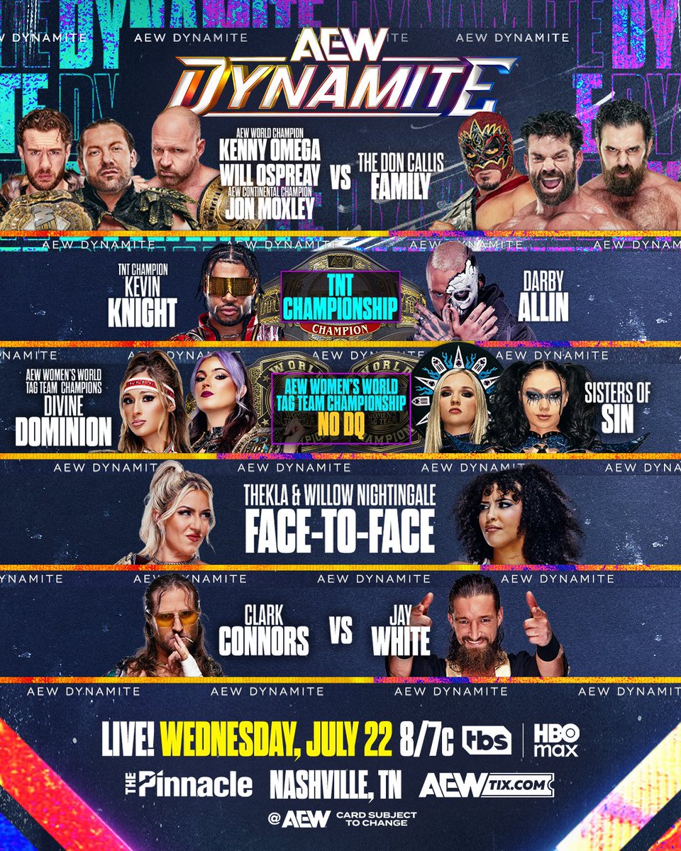 AEW's tweet photo. This Wednesday, 7/22!

With #AEWRedemption THIS SUNDAY, you do NOT want to miss Wednesday Night #AEWDynamite!

We'll see you LIVE at 8/7c on @TBSNetwork &amp; @HBOMax, THIS WEDNESDAY! https://t.co/cRiyJMGU2g