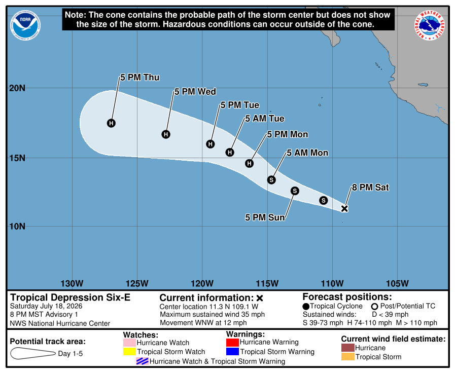 SevereWeatherHQ's tweet photo. Eastern Pacific Update:

Two storms are currently going. 06E and Elida. See below for cone graphics for each storm. The continuation of this conga line of storms will continue through the weeks to come as El Niño strengthens.

The NHC also has a 40% invest zone behind 06E

#epac https://t.co/WXfJs51Kot