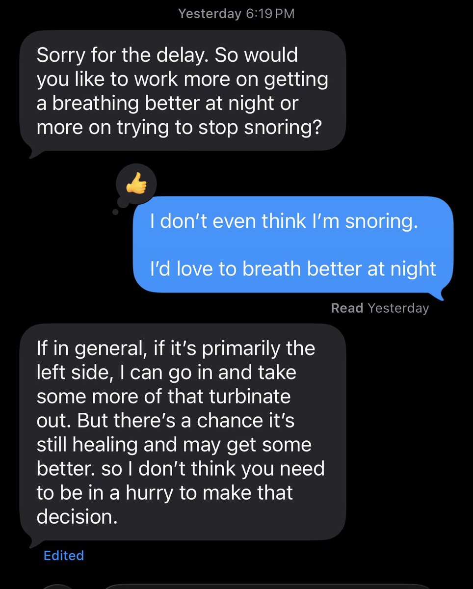 BitcoinTeacher_'s tweet photo. Late night thoughts #28

Bad news.

If you’ve been here a while, you’ll remember I had surgery on my nose because I couldn’t sleep, and I started a series called “side hustling for surgery” where I picked up 3 extra jobs on top of teaching to help pay for it.

Unfortunately it didn’t work and I’m still having the same issues. These are texts from my surgeon about next steps.

They tested me for allergies again and it was all negative. So the next step is to remove more to open up my nose to help me breathe.

I’m very discouraged because this is thousands of dollars that could be going to Bitcoin in a bear market. But also know I need sleep to function to the best of my abilities.

Sadly this will probably be the route I go. 

Another setback. Makes me really upset to think about this is another .2+ Bitcoin I’m missing out on. Just truly truly unfortunate 😟😞😒