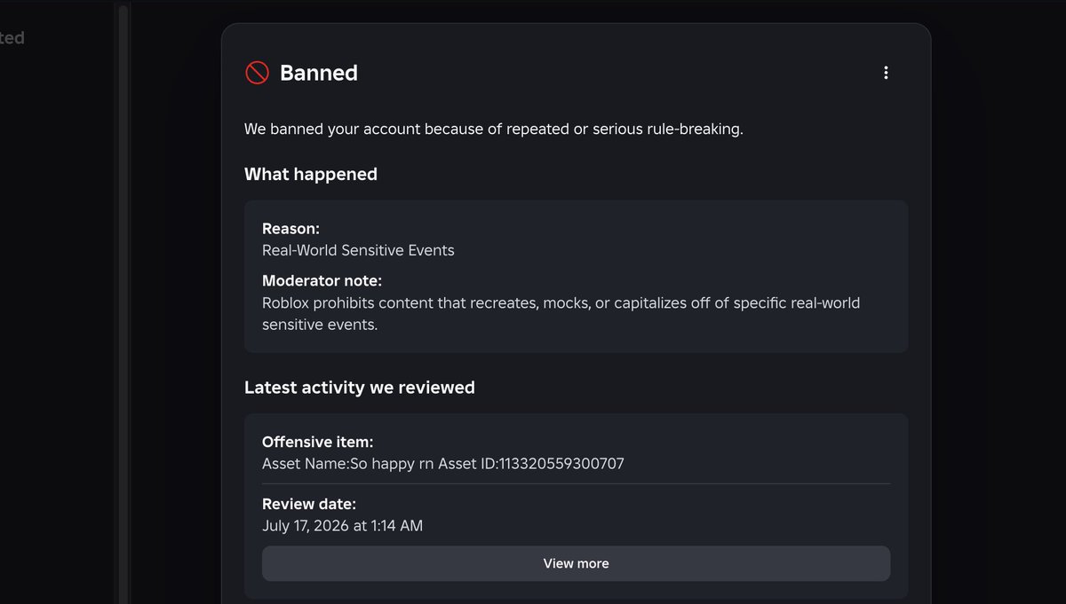 Z4id_official's tweet photo. Banned on @Roblox  for a place I didn't even know existed. A Roblox friend added me without my knowledge, and now I've lost six whole years of my career, DevEx, the money in my account, RIAs and RDC

Thanks a lot and is this supposed to be "giving everyone the chance to create"? https://t.co/jQGii07XCB