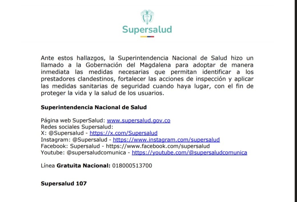 Supersalud's tweet photo. #Comunicado
​La #Supersalud destapó un grave caso en el Magdalena: una presunta IPS fantasma que, estando habilitada, no existía físicamente y radicó más de 20 reclamaciones de recursos del SOAT ante la ADRES.

​Exigimos a la Gobernación medidas inmediatas contra la clandestinidad para proteger a los usuarios.