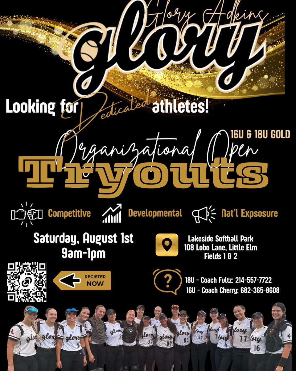 GloryAdkinsGold's tweet photo. 📢🥎Glory Adkins Gold 16u/18u are hosting Organizational Open Tryouts!🥎

📍Lakeside Sports Park Fields 1 &amp; 2
108 Lobo Lane, Little Elm, TX 75068
🗓️Saturday, August 1st
🕘9am-1pm

Register Here⬇️
https://t.co/FPfgHDFUMV

See you there! 😁
#halosup😇 https://t.co/DGdK5Gqzdr