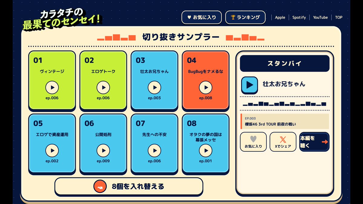 N93_saihate's tweet photo. みんな〜👋
カラタチの #最果てのセンセイ の
名場面・珍場面が聴ける
切り抜きサンプラー、作ったよ〜☺️🙌☺️

最果ての印象的なシーンがたくさん楽しめる✊
「お気に入り」に登録すれば自分だけの切り抜きアルバムが作れる‼️
みんなのお気に入りを集計した「ランキング」もある‼️
Xへのシェア投稿も可能‼️
ぜひ遊んでみてね☺️🙏☺️

https://t.co/eOOe3o8yj3

最果てを聴き始める入り口に
いつでも過去回に立ち戻れる気軽さに
繋がってくれたら嬉しいです

現在、第9回までの切り抜きしか入ってませんが
どんどん足していきます

今後とも宜しくお願い申し上げます