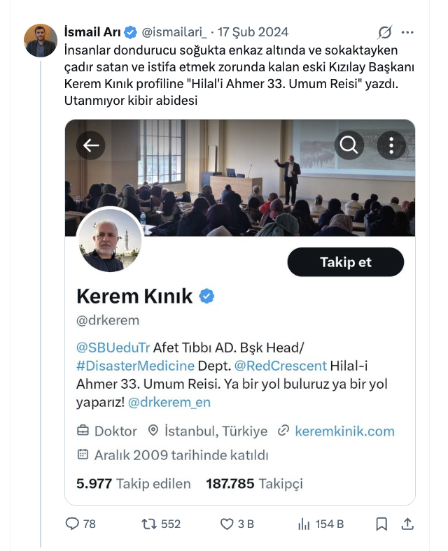 malikejder's tweet photo. "Ahbap Derneği ile Haluk Levent’e yönelik iddialar vahim."

Tepkin bu kadar mı İsmail?

Sen acar muhabir değil misin? Düşsene haberin peşinde.. Hadi aydınlat kamuyunu.. 

📌Haluk Levent'e Kerem Kınık'a ettiğin hakretlerin binde birini et!

📌AHBAP'ın depremzedelerin milyarlarca lirasını nasıl kumara bastıklarını anlat...

📌Haluk Levent'in kadınları nasıl dolandırdığını anlat.

📌Dernek üzerinden yürütülen kara para trafiğini anlar..

AHBAP'a bedava çadır vermedi diye Kızılay'ın peşine tacizci eski sevgili gibi düşmüştün..

Niye geçmedi Kızılay'a öfken? 

Napmıştı Kerem Kınık? Yolsuzluk hırsızlık mı yapmıştı?

Milletin parasını kumar masasına mı basmıştı!

AHBAP'a bedava çadır vermemişti.. İyi ki vermemiş.. Milletin parası kumara basılırdı!

Sen gazeteci olmadığını gösterdin İsmail.. Sadece ideolojk saikle saldırı yapan bir tetikçiden öte gidemezsin..