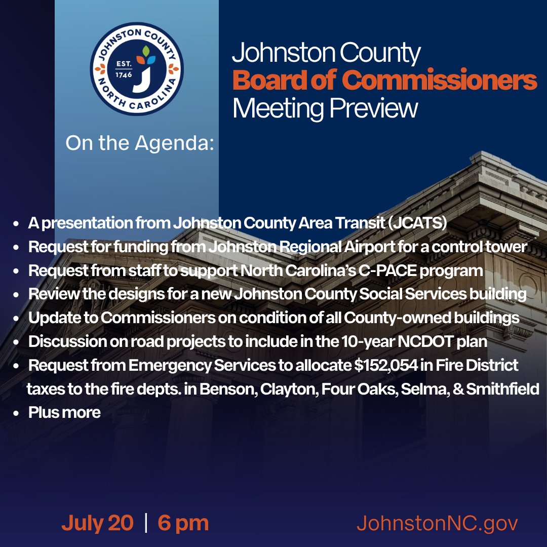 jocogovNC's tweet photo. The Johnston County Board of Commissioners meets Mon., July 20, at 6 pm. Agenda highlights include a proposed airport control tower, new DSS building designs, JCATS, road priorities, fire &amp; public utilities requests, and budget revisions. View the agenda: https://t.co/5q2cQV06jr https://t.co/LLT0DjFLQO