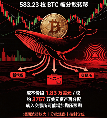 va7412's tweet photo. ⚠️ 巨鲸转移583.23枚BTC（3757万$）！
8年前以1.83万/枚建仓，现分散资产至新钱包并转交易所。
💡 长期持仓者启动资金再分配，警惕大额抛压。但历史表明，巨鲸常分批操作，短期影响有限。
⚠️ 市场波动或加大，注意风险！
#BTC #巨鲸 #加密货币 https://t.co/ByZ3gM6KJB