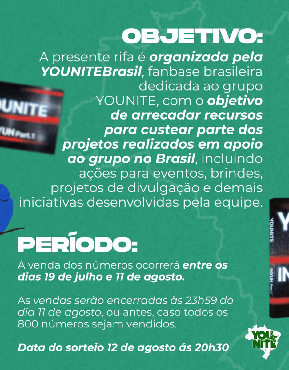 YOUNITEBrasil's tweet photo. 🎉 RIFA SOLIDÁRIA YOUNITEBrasil 🎉

Ajude a YOUNITEBrasil a continuar realizando projetos especiais para o YOUNITE no Brasil! 💙

🗓️ Vendas: 20/07 a 11/08 (ou até esgotarem os 800 números)
💰 Valor: R$ 5,00 por número
🎟️ Números de 000 a 799 (sem limite por participante)

https://t.co/QukBdRgecp

🏆 Prêmios:
🥇 1º lugar: Photobook YOUNITE – INYUN Part.1
🥈 2º lugar: POCA Album YOUNITE – INYUN Part.1
🥉 3º lugar: 3 Photocards à escolha (entre os disponíveis)

📅 Sorteio: 12/08, às 20h30 (horário de Brasília), ao vivo em nosso Instagram.

✅ Para participar:
* Seguir a @YOUNITEBrasil
* Curtir e repostar apublicação oficial da rifa (se o perfil for privado, envie um print)
* Efetuar o pagamento via Pix e enviar o comprovante.

📦 Frete gratuito para todo o Brasil.

Todo o valor arrecadado será destinado aos projetos da YOUNITEBrasil em apoio ao YOUNITE. 💙

📖 Confira o regulamento completo no carrd da bio