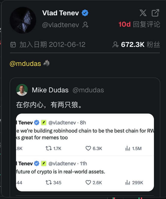 0xbe777's tweet photo. 如果相信robinhood的meme还没有结束，那 $wolves 则是最被低估的meme

noxa还未rug前，我的 $RWA 从盈利几千u拿到亏损，看好他就像当时看好起飞前的 $530A 

前者是链的基调，后者是交易所这几年的主要发展方向

而 solana:7uQdzzC52eCnGwsiDBwRmKXxHRTnxKs42W4BXJmvSdPF  则是将RWA和memes两大方向动物化，可以看作robinhood chain的最大的meme叙事

近期@vladtenev 第一次回复这个概念的时候，那个人推文截图里的rwa加memes，又在九天后得到叙事验证

短期预期，推文置顶，修改横幅；长期叙事，等待起飞后大儒辩经

0x0e07565159b1e40caa71d4edf2547cc042014523