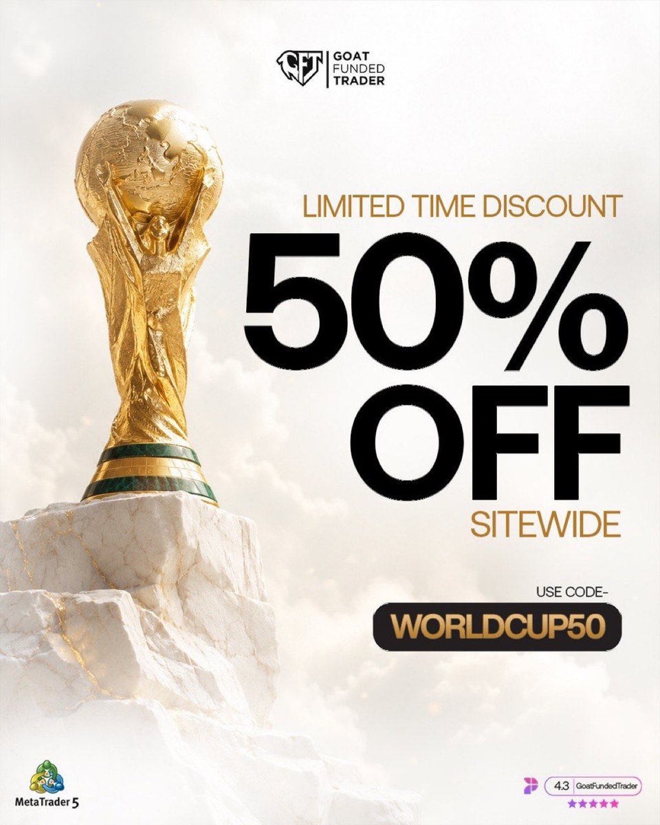 arhmad_bbn's tweet photo. 🚨 50% OFF is LIVE! 🔥
Use code WORLDCUP50 and get funded for less.

✅ Challenge &amp; Instant Plans
✅ Sitewide Discount
⏳ Limited Time Only

Don’t miss your chance to start your funded journey. ⚽💰 https://t.co/4Ah7TCgM3Q
