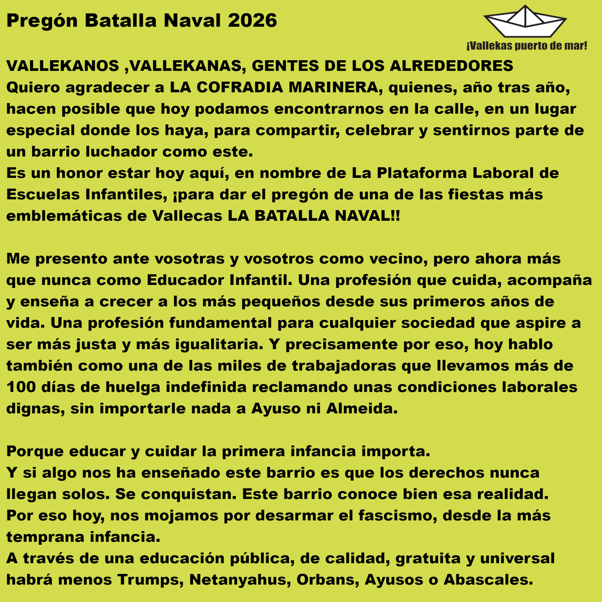 cofradiavk's tweet photo. Os compartimos el pregón que va a leerse ahora mismo en el Bulevar.
Cuando tengamos las imágenes subiremos el vídeo.
#BatallaNavalVallekas 
#VallekasPuertoDeMar 
#MójateyDesarmaElFascismo 
#dignidad03
#44añosdeutopía https://t.co/hf79VMTVHS
