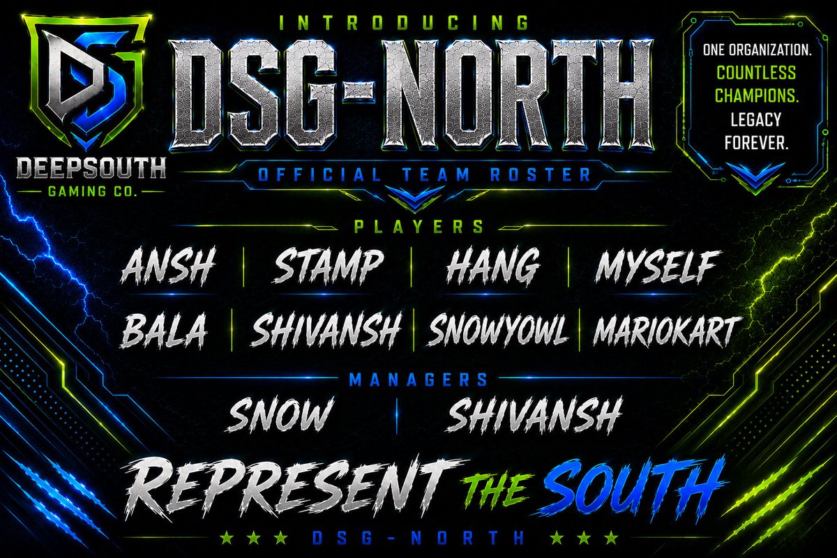 DeepSouthGameCo's tweet photo. 🚨DSG Official Rosters are complete🚨
We’ve made big moves with org expansion adding some key pieces to strengthen our teams for a serious worlds push 🦾💙💚
#RepresentTheSouth https://t.co/d34bvE7uIq