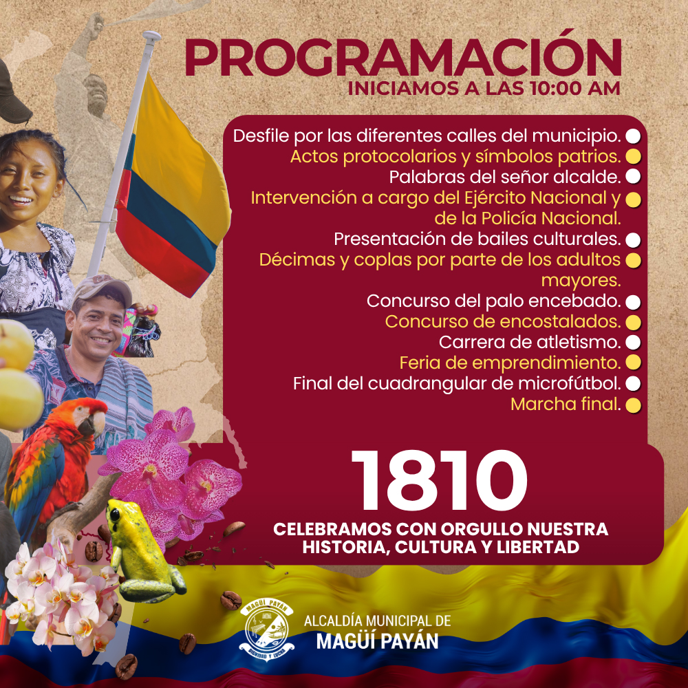 AlcaldiaMagui's tweet photo. 🇨🇴 #20DeJulio | Invitamos a la comunidad magüireña a celebrar juntos el Día de la Independencia de Colombia en un gran acto cívico y cultural. 👦🏾👧🏾✨
⏰ 10:00 AM 📌 Desfile, muestras de baile, décimas, juegos tradicionales, deportes y feria de emprendimiento. ¡Los esperamos! 🇨🇴❤️ https://t.co/2qgrKmqKo1
