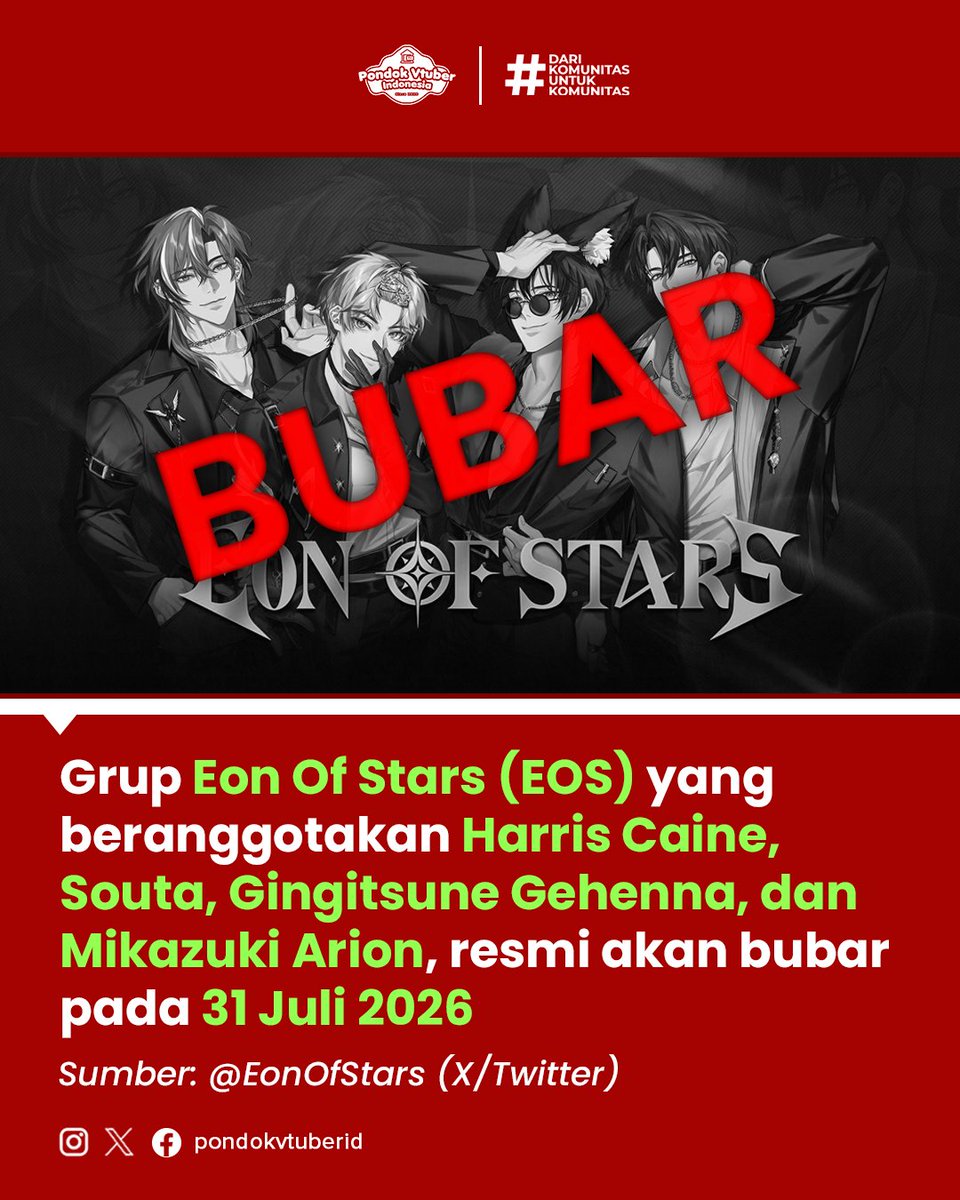 pondokvtuberid's tweet photo. KABAR VIRTUAL KALI INI!
Grup Eon of Stars (EOS) yang beranggotakan Harris Caine, Souta, Gingitsune Gehenna, dan Mikazuki Arion, resmi akan bubar pada 31 Juli 2026
(1/9) NEXT->
#vtuber #vtuberid #idvtuber #EonOfStars https://t.co/jwGYuZkwd0