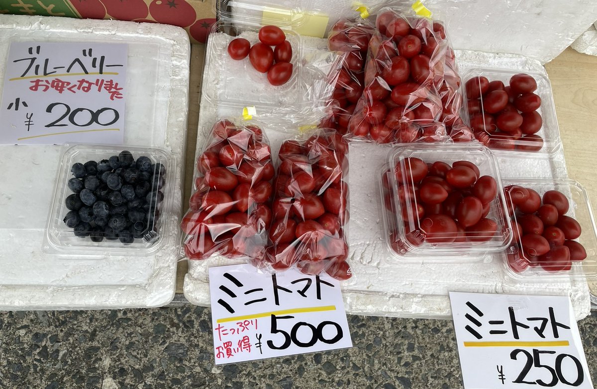 tomiko_ohdate's tweet photo. 7/19朝市
曇り空だが人出多し。3連休だったわ。出遅れてホヤ買えず😢
もも ��� 食べ頃
ミニトマト購入。品種はシュガープラム確かに甘～い
今年も スズ虫が。小さいのが パックの中に見える？お盆頃には鳴くって👂
6時半 パラパラと雨だが 傘 さすほどでもなし #舘鼻岸壁日曜朝市 #八戸 #トマト #スズ虫 https://t.co/iNXpF3VS0w