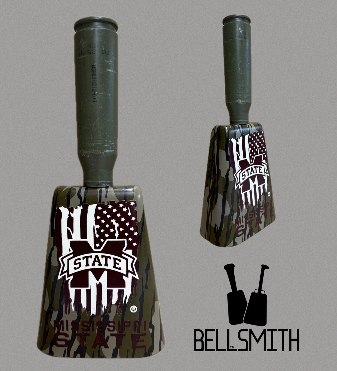 thebellsmith's tweet photo. This one looks kind of simple, but layering the M State over the flag was a fairly big challenge when it came time to lay it out for paint. It really pops off that @MossyOak Original Bottomland. #HailState #Cowbells #Bellsmith https://t.co/7C7AtwXse3