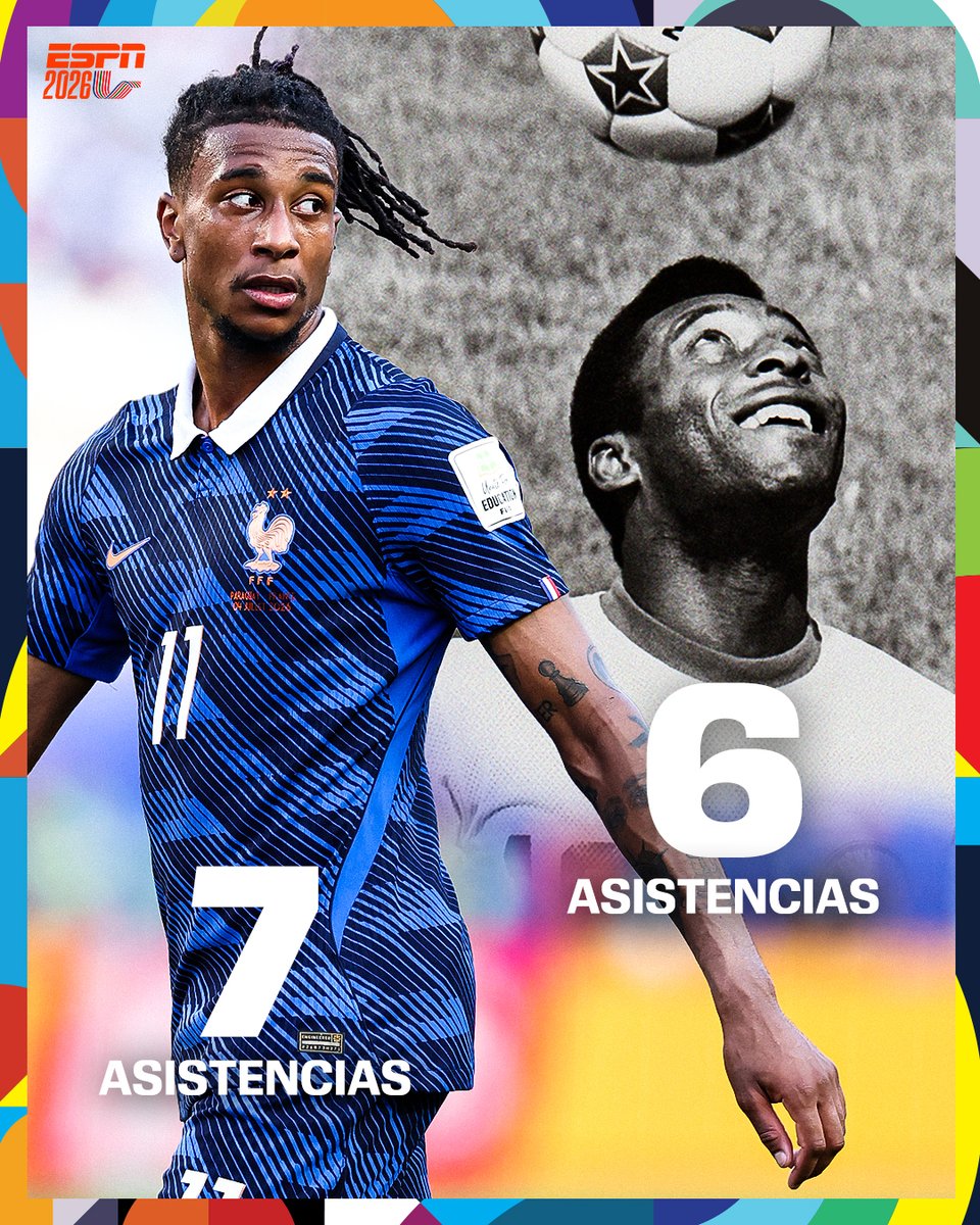 ESPNDeportes's tweet photo. Michael Olise terminó con 7 asistencias en la Copa Mundial de la FIFA 2026, supera a Pelé (6 en 1970) con la mayor cantidad de asistencias en una sola Copa del Mundo en los últimos 60 años. https://t.co/y2tdrub2CH