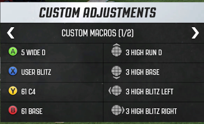 MisterCiv's tweet photo. If you use "Left" and "Right" macros (I use them often for Blitzes or Base Coverages)

Steal this strategy to make choosing them Quicker

If you have a BASE, it should be in your 6th spot. This makes it always "DOWN" on the D-Pad

Then Left &amp; Right should be 7 &amp; 8 https://t.co/r9ptxeppPz