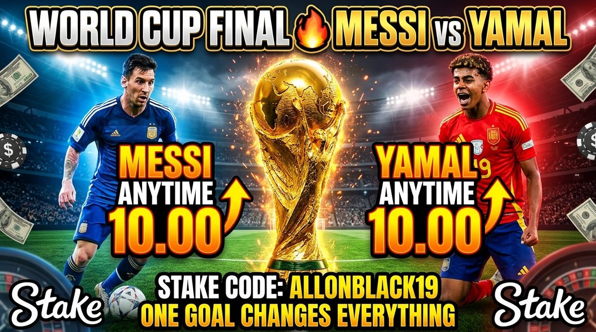 ALLONBLACK1919's tweet photo. The World Cup Final is here! 🏆

Spain has conceded just ONE goal all tournament. Can Messi break through in what might be his last World Cup? Or does the starboy Yamal steal the show?

@stake has boosted Anytime Scorer odds on both:

🔵 Messi: 2.50 ➔ 10.00 
🔴 Yamal: 3.40 ➔ 10.00

One of these two could be the difference between glory and heartbreak. Get your bets in before kickoff.

https://t.co/jpGNAviJBU
T&Cs Apply