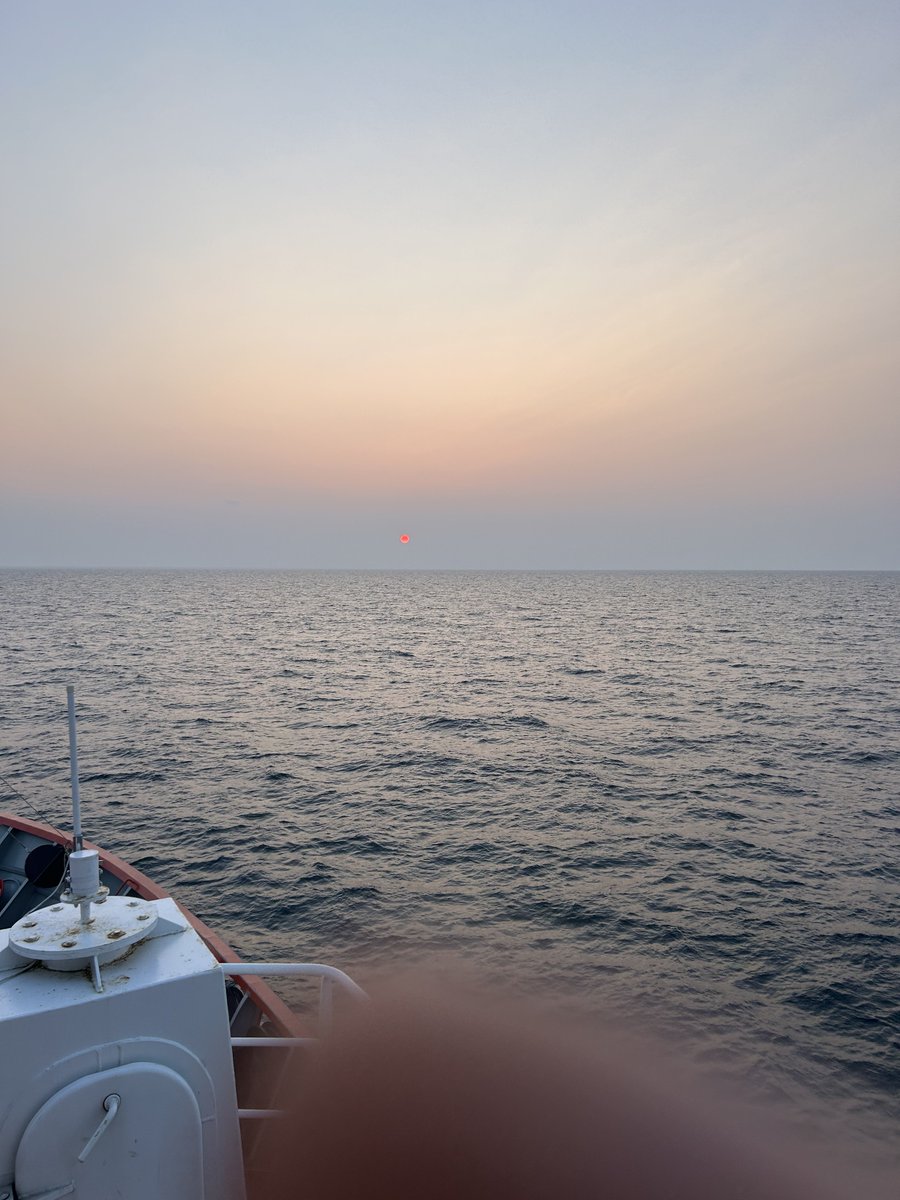 CCGcap10's tweet photo. The view from the bridge tonight - July 18 - a hazy sunset on Georgian Bay. Smalls like a campfire due to forest fire smoke. https://t.co/cGJQ4ZFJzA