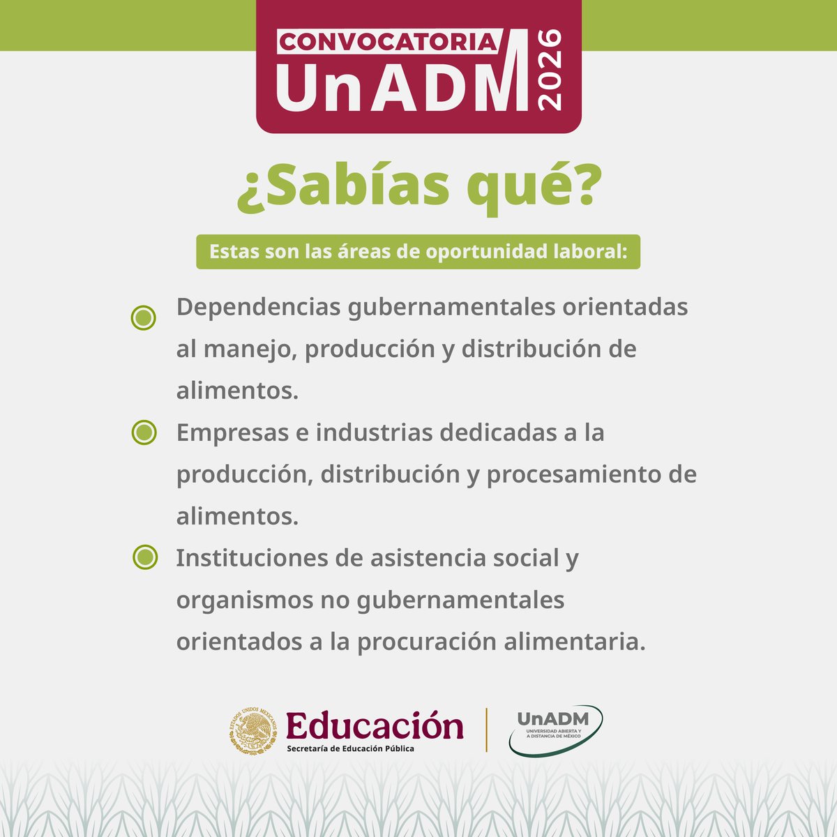 UnADM_Mx's tweet photo. Garantizar el acceso a alimentos inocuos y de calidad es el reto del mañana 🛡️

Traduce tu vocación en acción 👇🏻
🔗https://t.co/lSnP6gJv5r

#ConvocatoriaUnADM2026 #Aspirantes https://t.co/GwZlfl0sdp