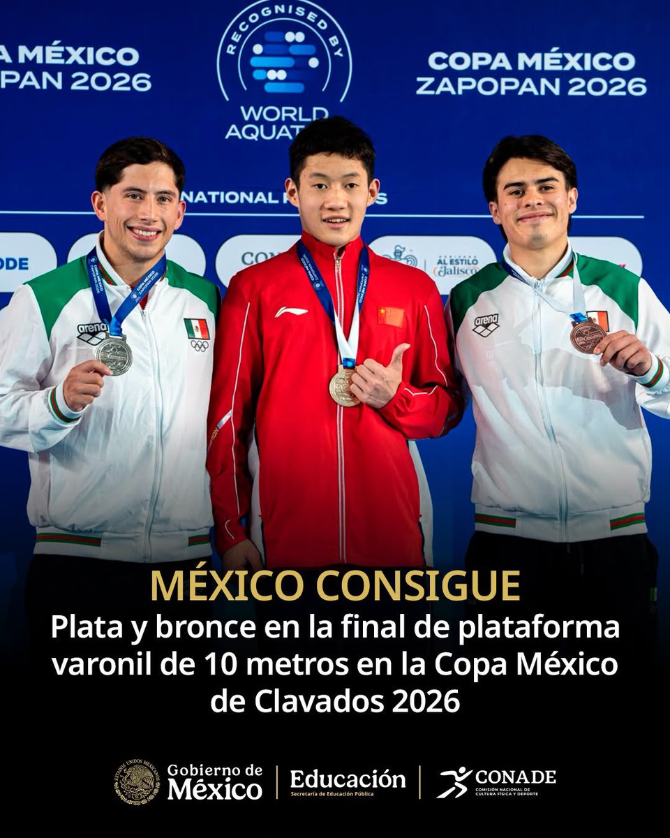 conadeoficial's tweet photo. 🥈 Randal Willars se adjudicó la medalla de plata en la prueba de plataforma de 10 metros, al registrar 502.90 puntos.

🥉 Kenny Zamudio completó el podio con la medalla de bronce, tras sumar 438.20 unidades.

🥇🇨🇳 China
🥈🇲🇽 México
🥉🇲🇽 México https://t.co/xDCATJQJLw