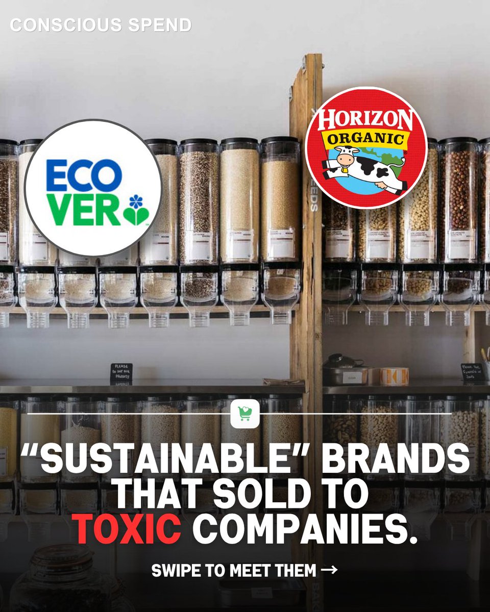 conscious_spend's tweet photo. Here are 5 "sustainable" brands that sold to toxic companies.

1. Seventh Generation → Unilever, 2016

2. Horizon Organic → Danone, 2017, now private equity

3. Nest → Google, 2014

4. New Belgium → Kirin, 2019

5. Method & Ecover → SC Johnson, 2017

Every deal was legal and public, and it barely shows up on the shelf.

and sadly this is the system working as designed, because nearly 12 companies (like Nestle, Unilever, Mondelez + more) control almost everything you buy at the store...

But we can fight the system...

Use the Conscious app to find ethical companies to buy from. 🔗 in bio