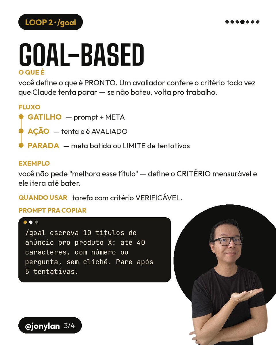 jonylan's tweet photo. Pare de escrever apenas prompts. Comece a construir LOOPS.

A Anthropic publicou um excelente artigo mostrando uma mudança importante na forma de desenvolver Agentes de IA.

Durante muito tempo, a discussão girou em torno de "como escrever o prompt perfeito". Mas, à medida que os modelos evoluem, o diferencial passa a ser outro: ensinar o agente a executar um processo, e não apenas responder uma solicitação.

É exatamente isso que os Loops fazem.

Na prática, você deixa de pedir uma única resposta e passa a definir um ciclo de trabalho para a IA.

Alguns exemplos:

🎯 GOAL-BASED LOOP

Em vez de pedir:

«"Crie uma página de vendas."»

Você escreve:

«"CRIE uma página de vendas. Depois AVALIE clareza, persuasão e organização (nota de 0 a 10). Se qualquer critério ficar abaixo de 9, MELHORE o texto e REPITA o processo. PARE somente quando todas as notas forem iguais ou superiores a 9."»

Fluxo:

CRIAR → AVALIAR → MELHORAR → REPETIR → PARAR

---

🔍 CRITIC LOOP

«"Após responder, ANALISE sua própria resposta, IDENTIFIQUE erros, CORRIJA tudo e ENTREGUE uma versão melhor."»

Fluxo:

RESPONDER → ANALISAR → IDENTIFICAR → CORRIGIR → ENTREGAR

---

🌐 RESEARCH LOOP

«"PESQUISE o assunto. Se encontrar lacunas, PESQUISE NOVAMENTE. Quando possuir informações suficientes, VALIDE as informações e RESPONDA."»

Fluxo:

PESQUISAR → IDENTIFICAR LACUNAS → PESQUISAR NOVAMENTE → VALIDAR → RESPONDER

---

⚙️ TASK LOOP

«"LISTE todas as tarefas necessárias. EXECUTE uma por vez. Após cada etapa, VERIFIQUE se ainda existem pendências. Se houver, CONTINUE. Caso contrário, FINALIZE."»

Fluxo:

LISTAR → EXECUTAR → VERIFICAR → CONTINUAR → FINALIZAR

---

A grande mudança de mentalidade é esta:

Não estamos mais programando a IA apenas com instruções. Estamos desenhando um processo de raciocínio, definindo como ela deve EXECUTAR, AVALIAR, CORRIGIR, REPETIR e DECIDIR quando encerrar o trabalho.

Na minha visão, esse é um dos conceitos mais importantes para quem está desenvolvendo Agentes de IA, automações inteligentes ou aplicações com LLMs.

📖 Vale muito a leitura do artigo original da Anthropic:
https://t.co/gGetqSmtcP

Como você tem utilizado loops nos seus agentes? Compartilhe sua experiência nos comentários.

#InteligenciaArtificial #AgenticAI #AgentesIA #PromptEngineering #Anthropic