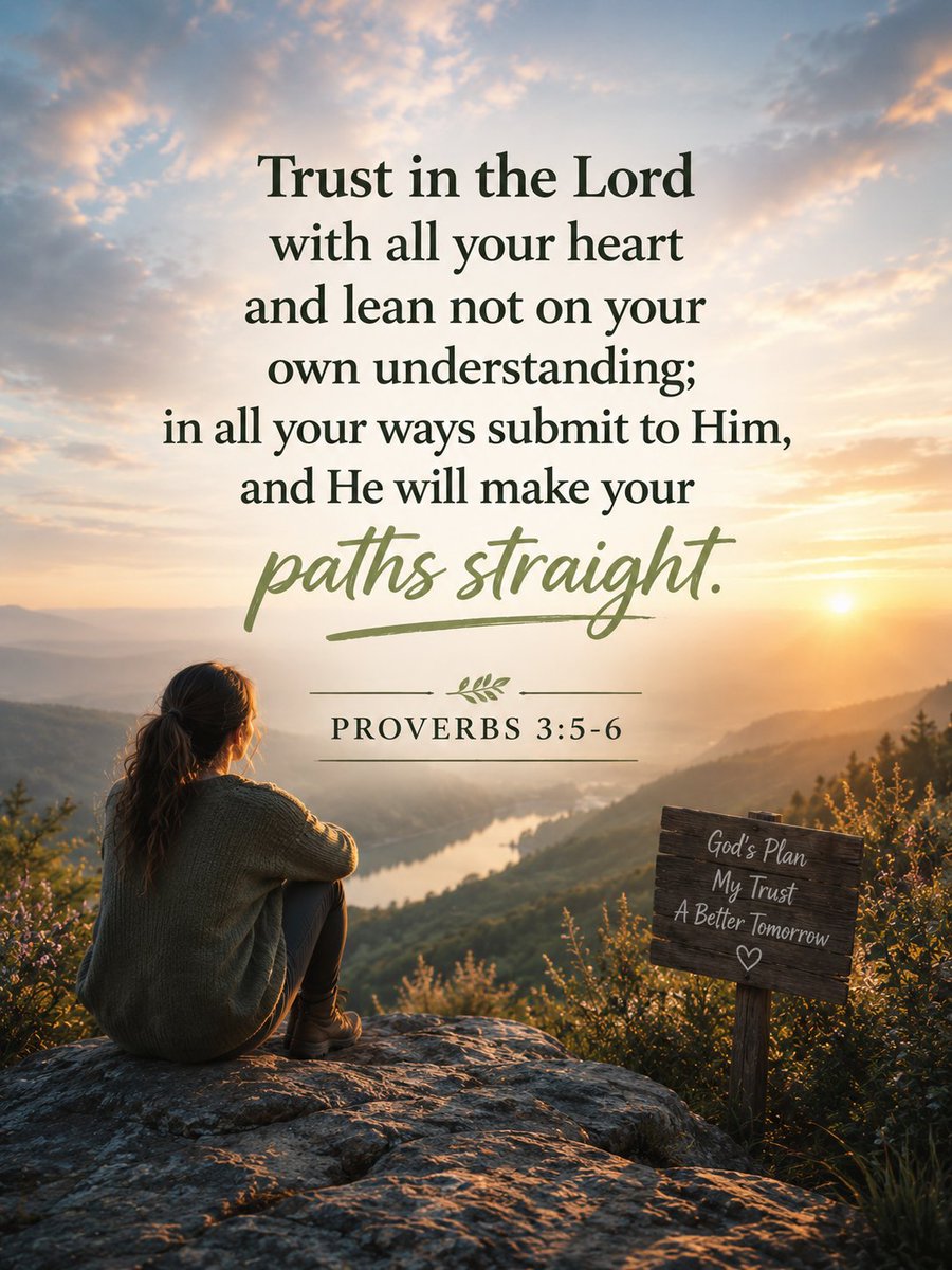 VerseofFaith's tweet photo. 🌄 “Trust in the Lord with all your heart  
and lean not on your own understanding;  
in all your ways submit to Him,  
and He will make your paths straight.”

Proverbs 3:5-6

When we surrender our plans to God, He straightens what we cannot. His way is always better. 🙏✨

What does “trusting the Lord with all your heart” look like in your life right now? Share below 👇

Drop a ❤️ if this brings you peace today!

#BibleVerse #Proverbs3 #TrustInTheLord #Faith #Christian #GodsPlan