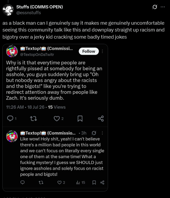 TextopOnDaTwitr's tweet photo. Okay. So, despite having Essnstuffs blocked (And vice versa mind you), he somehow still is looking at my tweets.

Listen. That was ***NOT*** my point. I was NOT saying that Zach was as bad as bigots or racists AT ALL. My point was that worse evils DO NOT negate lesser evils. https://t.co/HE9jmRRCGw