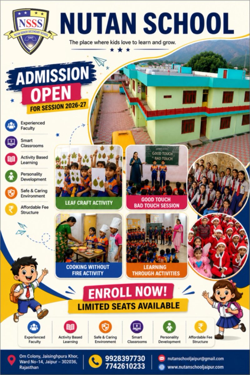 Nutan_School's tweet photo. 🎓 Admission Open 2026–27 | Nutan School, Jaipur

🌟 जहाँ बच्चे सीखते हैं, बढ़ते हैं और अपने सपनों को नई उड़ान देते हैं!
📚 Smart Classrooms | 🎨 Activity-Based Learning | 👩‍🏫 Experienced Faculty | 🛡️ Safe Campus |  Personality Development

#NutanSchool #AdmissionOpen2026 https://t.co/gp51gmChMI