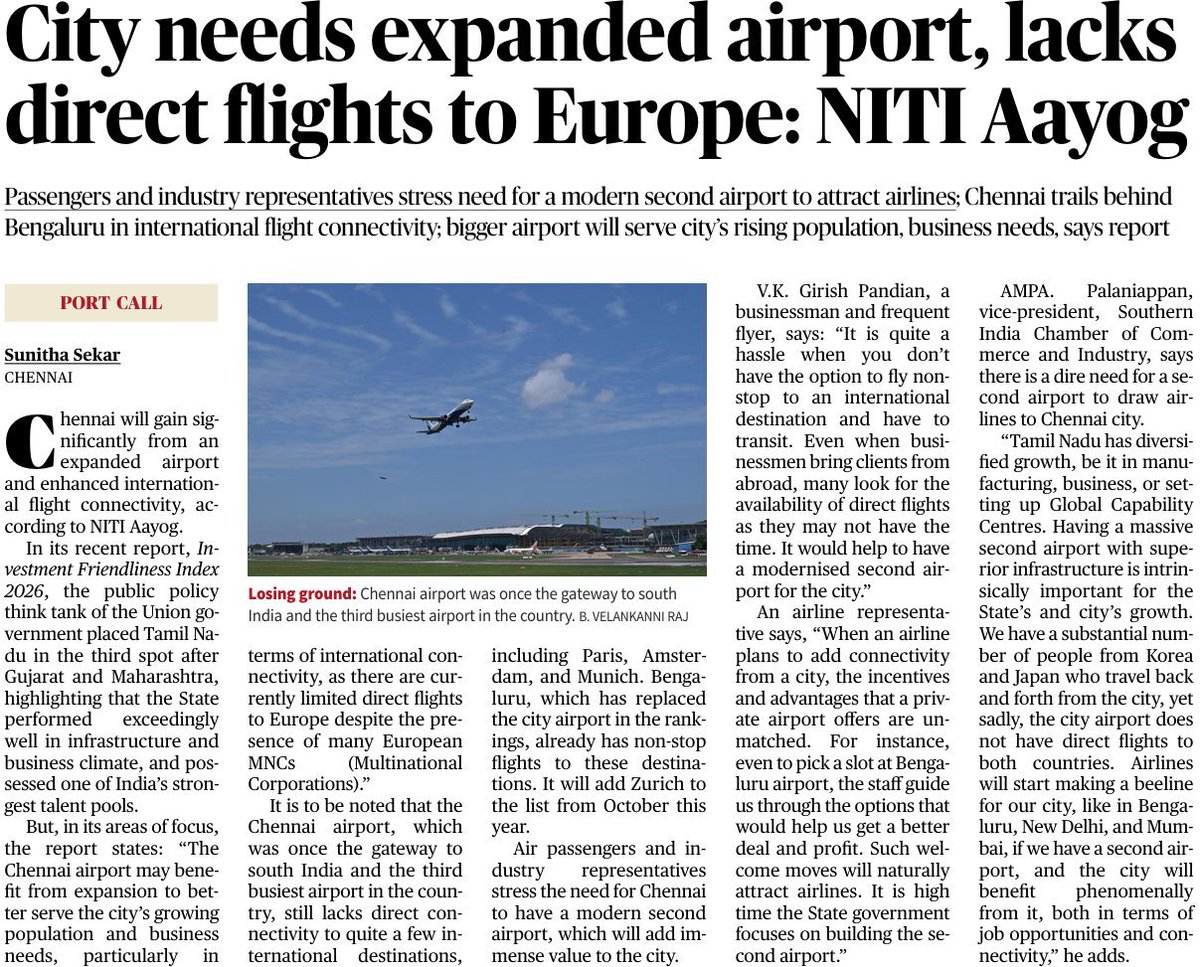 dmuthuk's tweet photo. Nothing new. But worth repeating till a solution is found.

NITI Aayog says Tamil Nadu performed exceedingly well in infrastructure and business climate and possesses one of India’s strongest talent pools.

At the same time, NITI Aayog points out that the lack of a bigger airport and direct international connectivity to many destinations from Chennai is hurting the state’s growth potential.