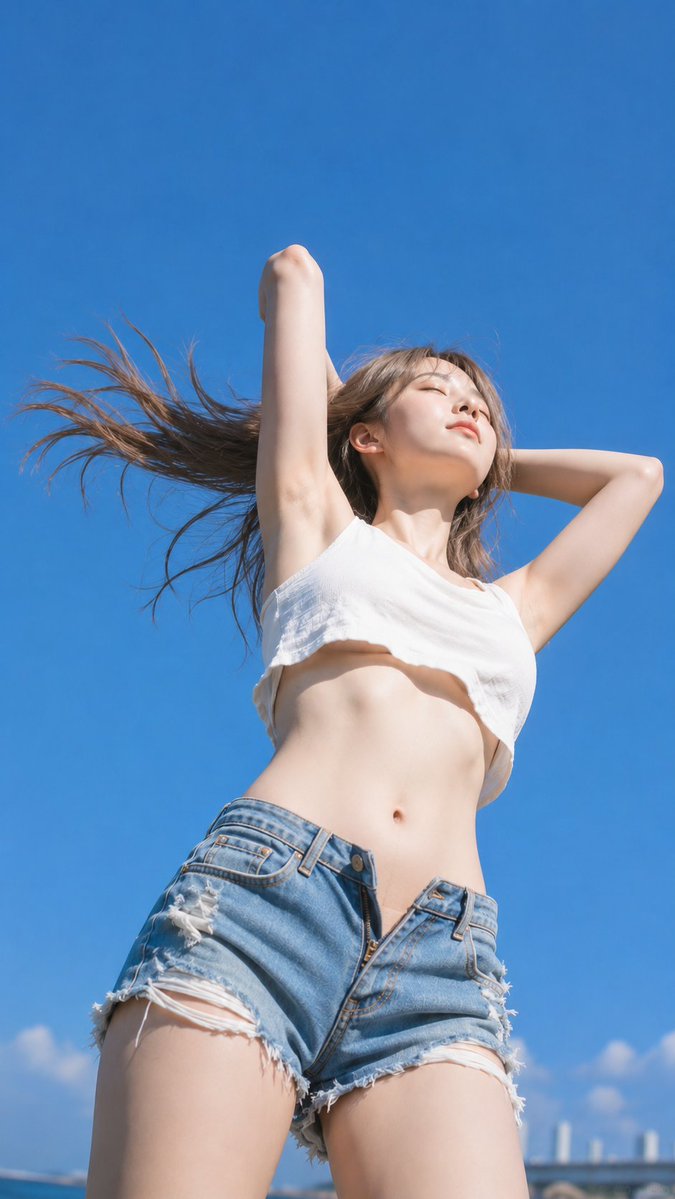 CyberTotal2026's tweet photo. 青空を押し上げるように、腕を伸ばす。
髪がほどけた一瞬だけ、夏が少し近くなった。☀️💙🌬️📷

#AIart #AI写真 

【GPT Image2プロンプト】
主題：
空へほどける髪

主体：
澄み切った青空の下で、両腕を頭上へ上げながら立つ女性を、地面に近い位置から見上げた縦長9:16のリアルなファッションポートレート。人物は画面中央からやや右寄りを大きく占め、太腿から頭部までを写す。上半分には広い青空の余白を残し、人物の開放的な動きと夏の空気を強調する。

人物・表情：
自然な丸みとメリハリを持つ、健康的で成熟した大人の女性。明るいブラウンのロングヘアは強い風を受け、画面左へ大きく扇状に広がる。顔をやや上へ向け、目を静かに閉じ、唇は力を抜いた穏やかな表情。日差しを受けた頬、鼻筋、顎、鎖骨に自然なハイライトを入れ、肌のきめを残したリアルな質感にする。

服装・ポーズ：
薄手でわずかに透け感のある白いクロップドトップ。裾は柔らかく波打ち、風と腕の動きによって少し持ち上がり、腹部を見せる。ボトムは色落ちしたブルーのダメージデニムショートパンツ。裾は大胆にほつれ、左右のポケット周辺に自然な擦れと裂け目を入れる。腰位置は低めで、フロントボタンとファスナーをゆるく開いた着こなし。人物自身の右腕は頭上へ高く伸ばして肘を曲げ、左腕は後頭部へ回す。胸を軽く張り、腰をわずかに反らせ、片側の脚へ重心を置いた自然な立ち姿。

背景・光：
背景の大部分は濃く鮮やかなコバルトブルーの空。画面下端にだけ白い積雲と、遠くぼかされた海沿いの橋や建造物を薄く配置する。真昼の強い太陽光が画面右上から当たり、顔、肩、腕、腹部、太腿の受光面を明るく照らす。脇、衣服の下、デニムの皺には輪郭の明確な影を落とし、空からの青い反射光を影側へわずかに加える。

構図・カメラ：
縦長9:16、太腿から頭部までのミディアムフルショット。低い位置から強く見上げるローアングルで、広角レンズ特有の遠近感を軽く効かせる。人物の腰と脚を画面下部に大きく、顔を中央右寄りに配置する。髪の広がりが画面左側の余白を横切り、右腕の曲線とともに対角線の流れを作る。顔と胴体に焦点を合わせ、遠景は柔らかくぼかす。

質感・スタイル：
夏の屋外で撮影した高精細なリアル写真。強い日差しによる明快なコントラスト、青空と白いトップの鮮やかな色差、デニムの繊維やほつれ、風になびく細い毛束、肌の微細な凹凸を丁寧に表現する。過度な美肌補正を避け、自然な陰影と立体感を残した雑誌ファッション写真の仕上がり。

ネガティブ：
未成年に見える人物、不自然な顔、不自然な視線、余分な指、欠けた指、腕や手の融合、肩と関節の破綻、衣服と身体の接触不良、浮遊する髪、誤った遠近法、光源と矛盾する影、過度な美肌補正、プラスチックのような肌、文字化け、ロゴ、透かし。
